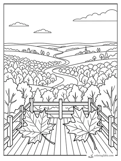 Aesthetic coloring page of two maple leaves on a deck overlooking a winding country road and village hills