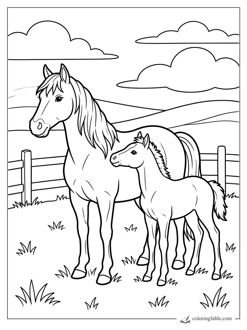 Mare and foal standing by a wooden pasture fence with rolling hills and big clouds