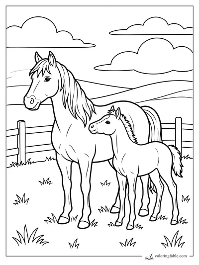 Mare and foal standing by a wooden pasture fence with rolling hills and big clouds