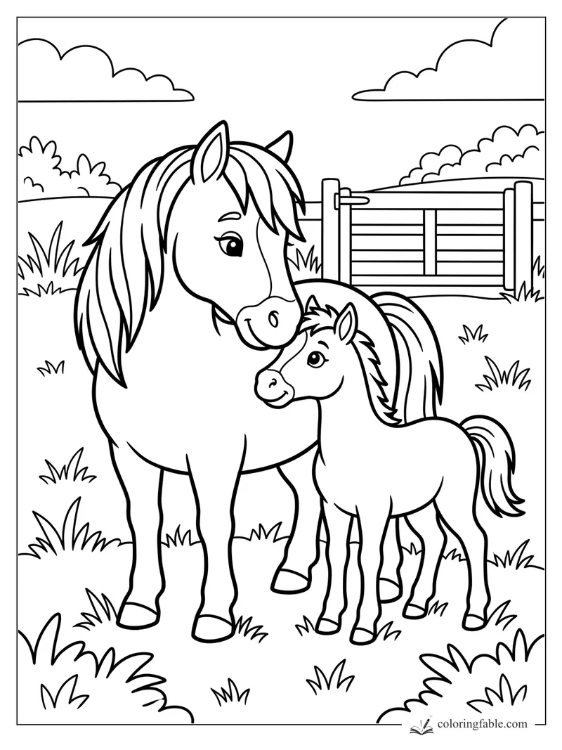 Cartoon mare nuzzling a foal beside a pasture gate, grass, bushes, and clouds coloring page