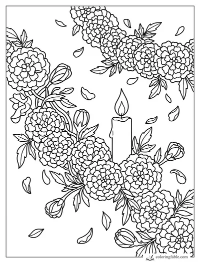 Marigold garlands, buds, falling petals, and a lit candle in a floral coloring page
