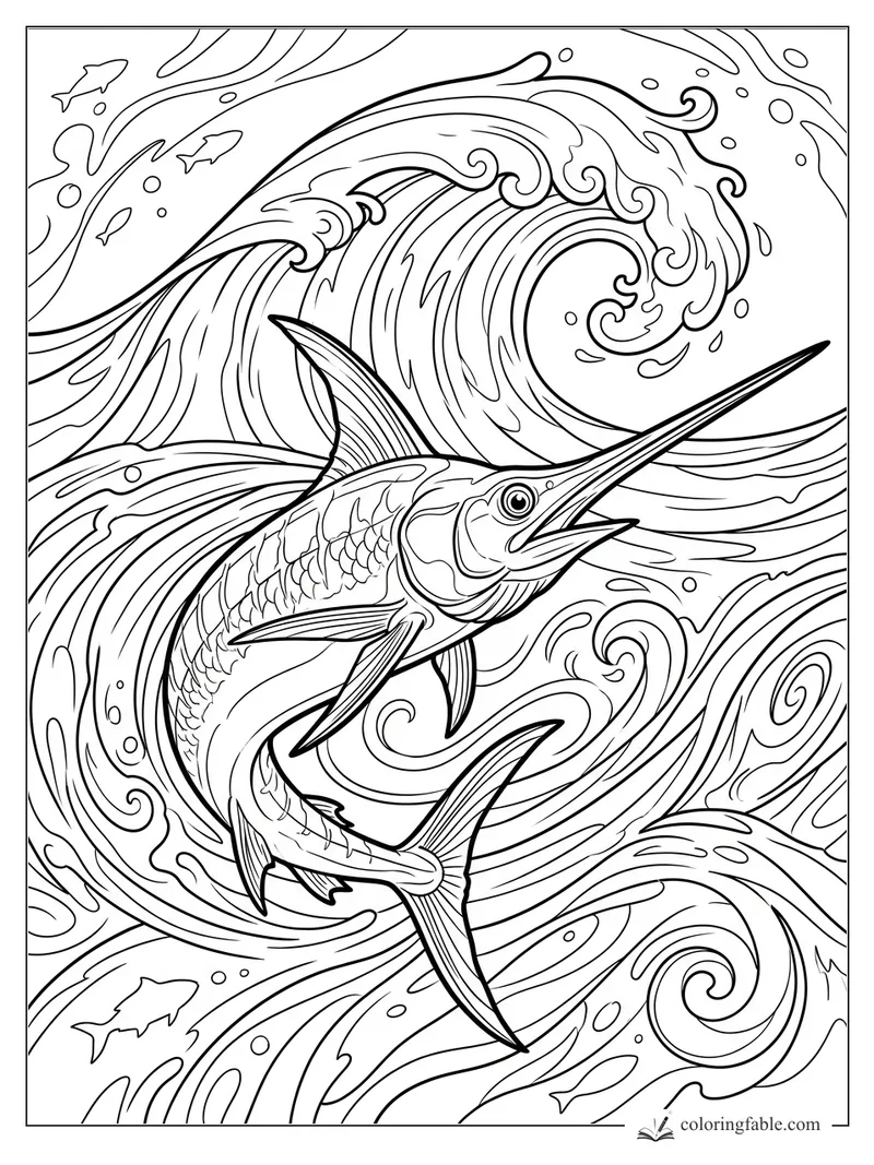 Realistic marlin with long bill swimming through curling waves, bubbles, and small fish.