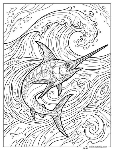 Realistic marlin with long bill swimming through curling waves, bubbles, and small fish.