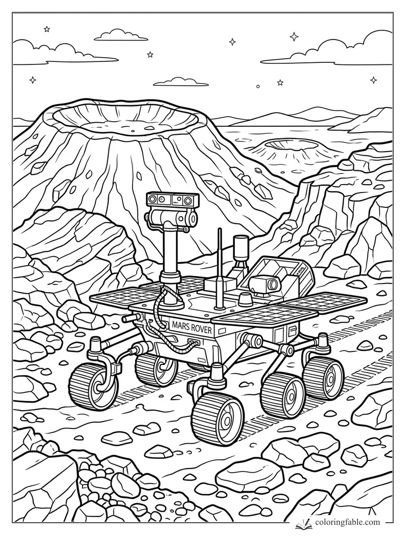 Realistic Mars rover driving past craters, rocks, cliffs, distant hills, stars, and clouds.