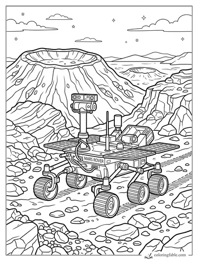 Realistic Mars rover driving past craters, rocks, cliffs, distant hills, stars, and clouds.
