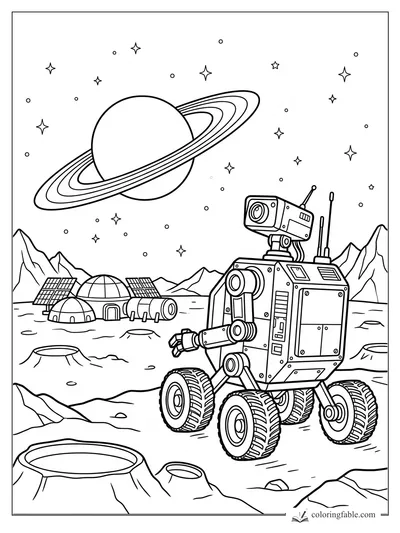 Robot rover on a rocky space base beneath a ringed planet, stars, domes, and solar panels