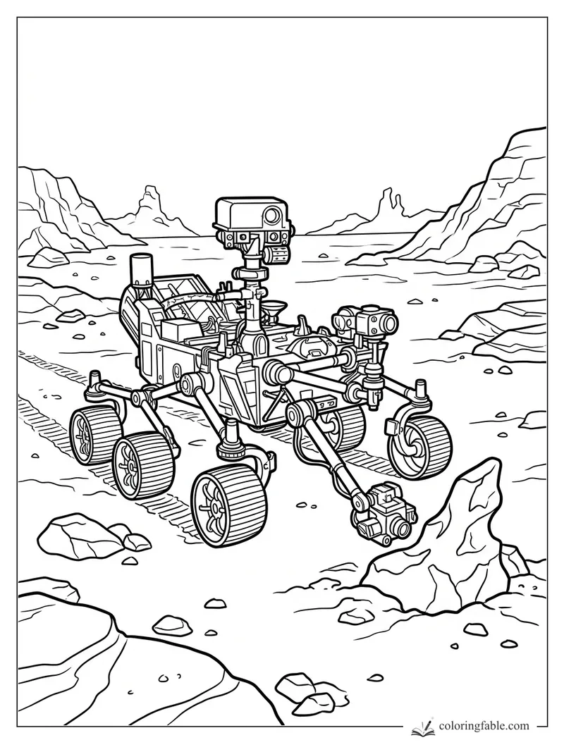 Mars rover coloring page with six wheels, cameras, robot arm, tire tracks, and rocky canyon cliffs