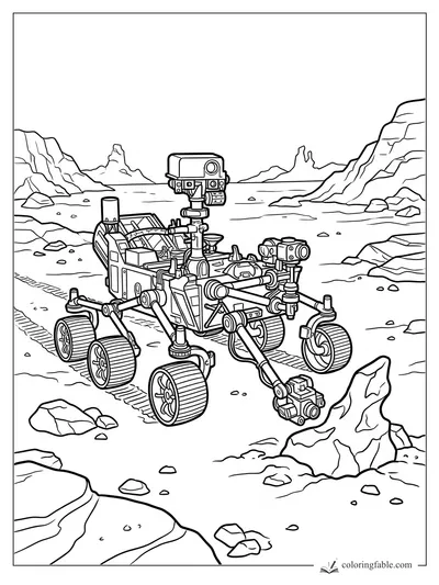 Mars rover coloring page with six wheels, cameras, robot arm, tire tracks, and rocky canyon cliffs