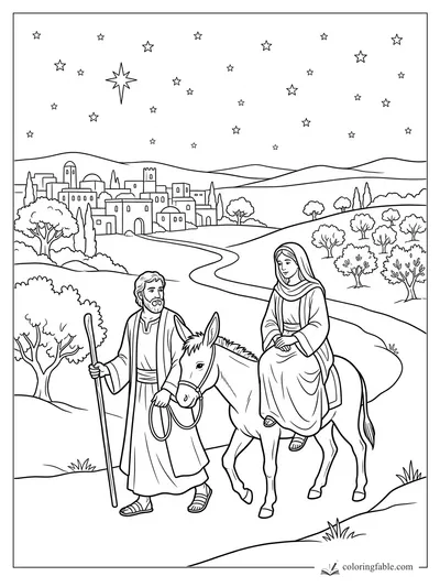 Mary rides a donkey while Joseph walks toward Bethlehem under a sky full of stars.