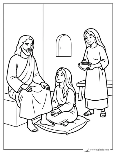 Jesus sits with Mary at his feet while Martha stands nearby holding a bowl in a simple Bethany room.