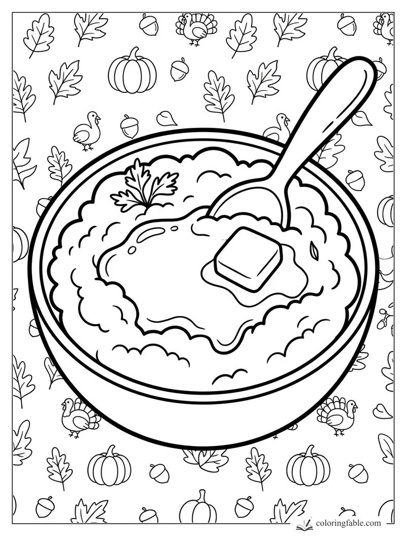 Easy Thanksgiving coloring page of mashed potatoes with butter, spoon, leaves, pumpkins, turkeys, and acorns