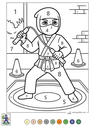 Masked Ninja with Nunchucks on the Training Mat — color by number