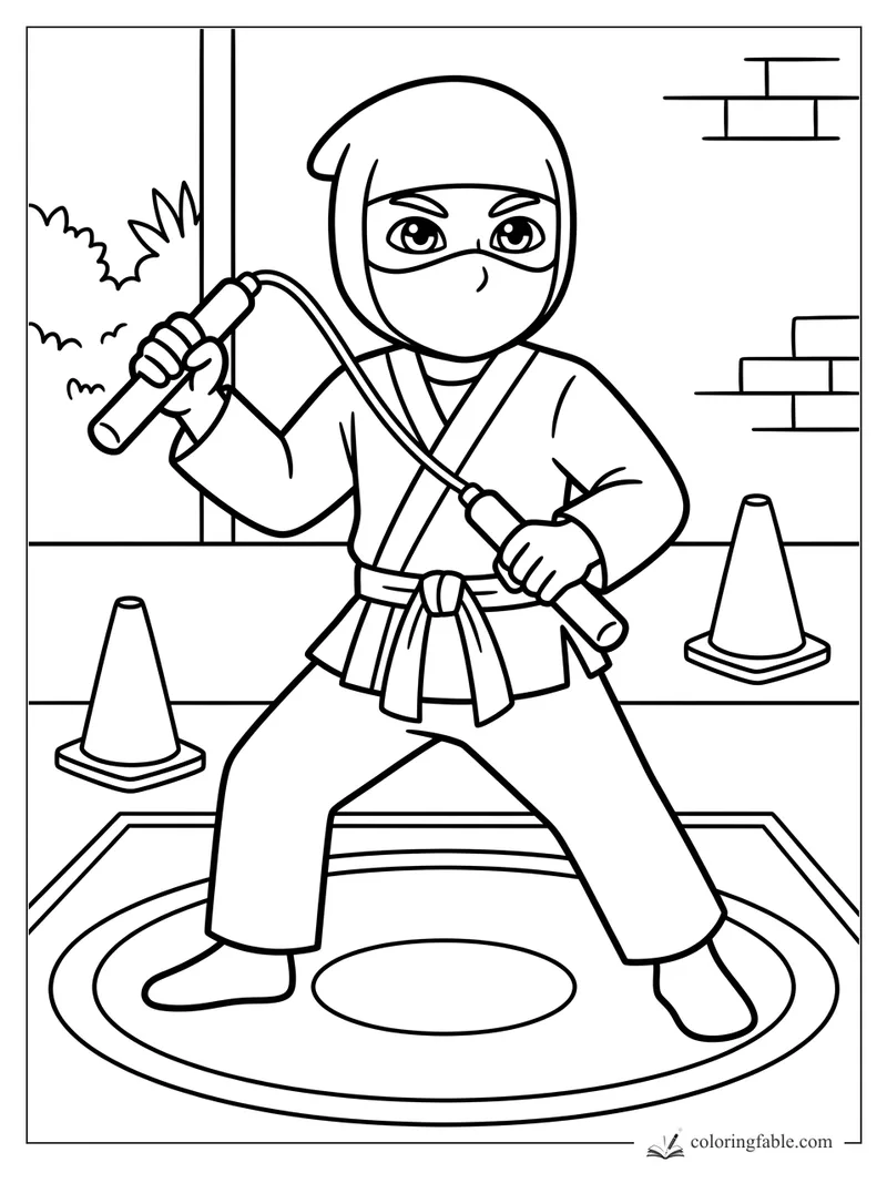 Easy coloring page of a masked child ninja holding nunchucks between cones on a dojo mat.