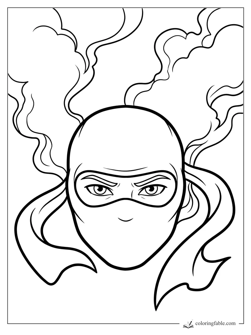 Easy ninja mask coloring page with sharp eyes, flowing scarf tails, and curling smoke clouds