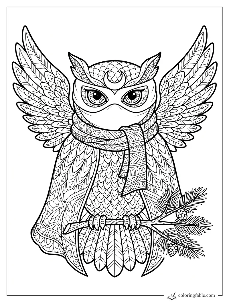 Intricate zentangle owl ninja with spread wings, scarf, mask, crescent crest, and pine branch