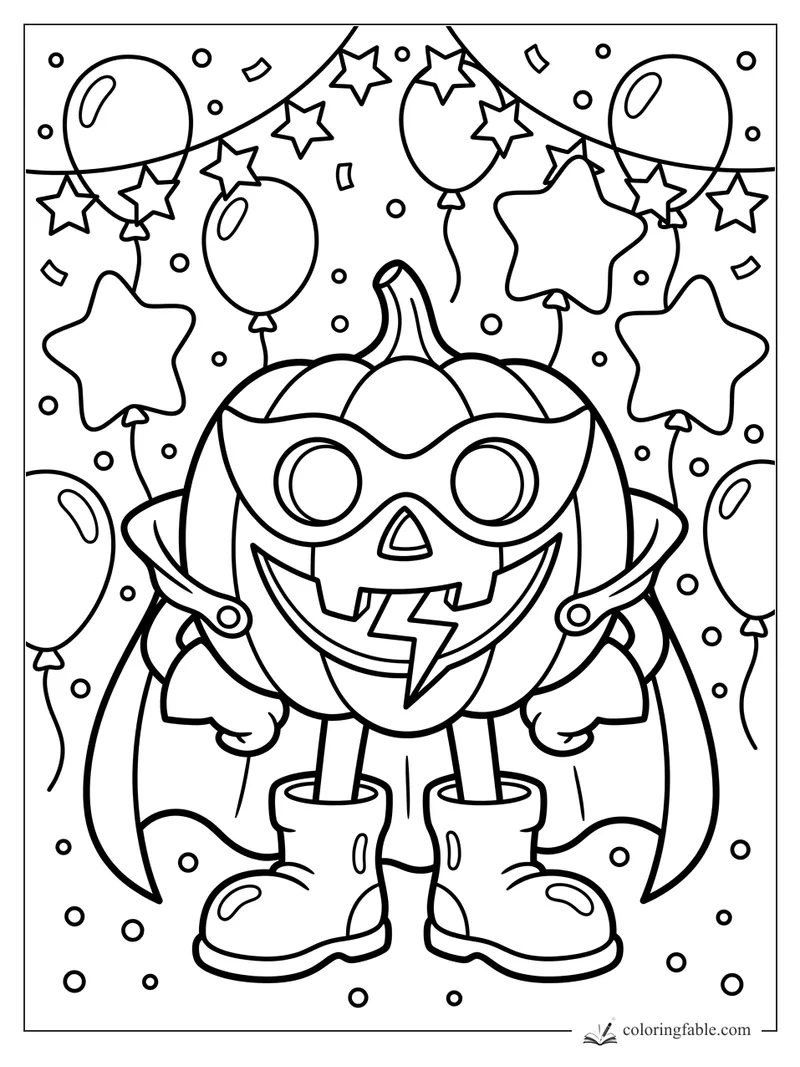 Superhero jack-o’-lantern with mask, cape, boots, star balloons, round balloons, confetti, and party dots.