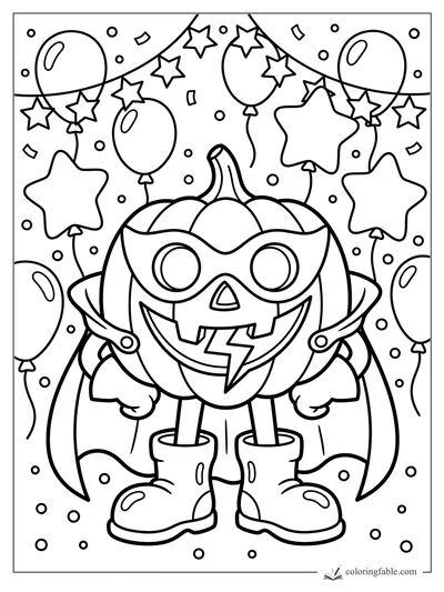 Superhero jack-o’-lantern with mask, cape, boots, star balloons, round balloons, confetti, and party dots.