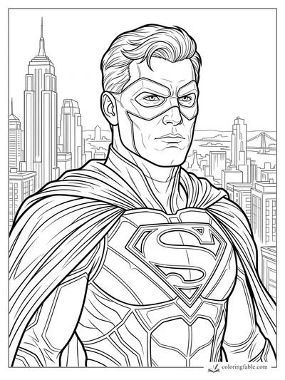 Realistic masked superhero with S shield and cape standing before a detailed city skyline