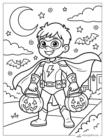 Boy in superhero costume holding two pumpkin buckets under crescent moon, stars, bats, and clouds