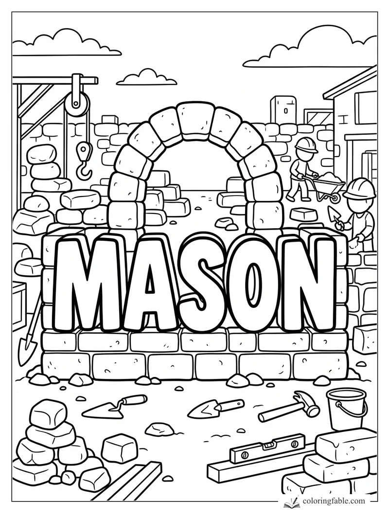 Mason name coloring page with stone arch, bricks, crane hook, workers, tools, and wheelbarrow