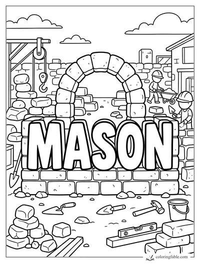 Mason name coloring page with stone arch, bricks, crane hook, workers, tools, and wheelbarrow