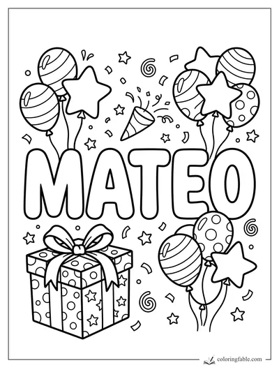 Mateo name coloring page with balloons, stars, confetti, party horn, and wrapped present