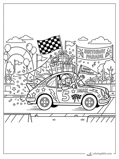 Cartoon birthday parade car labeled Max with number 5, gifts, flags, balloons, banner, and cheering crowd.