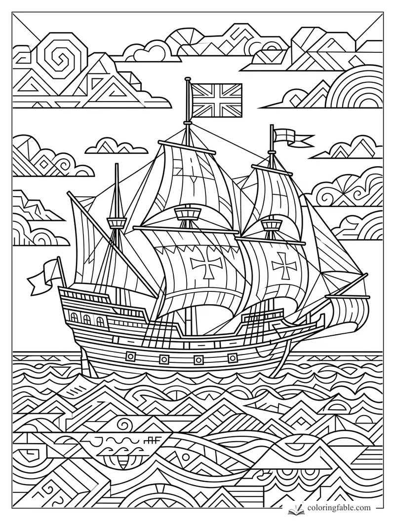 Intricate geometric Mayflower ship with flags, cross sails, patterned clouds, and layered waves