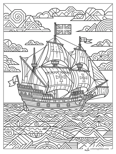 Intricate geometric Mayflower ship with flags, cross sails, patterned clouds, and layered waves