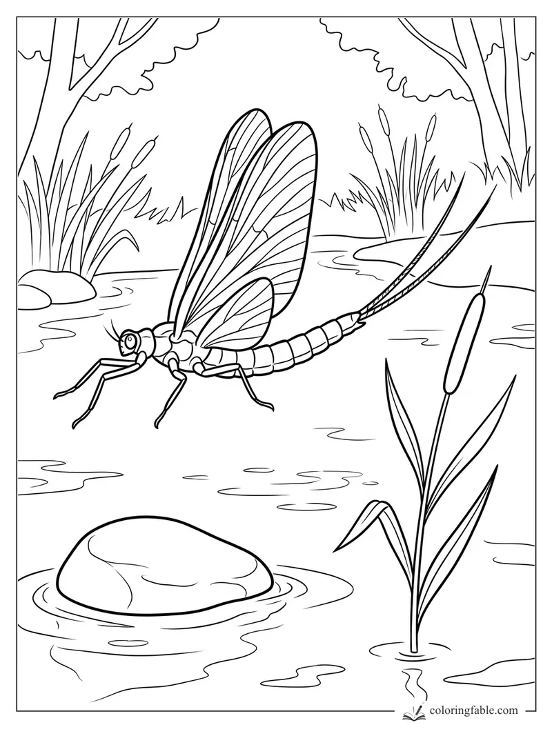 Realistic mayfly with veined wings and long tails hovering above a reed-lined pond