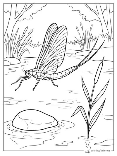 Realistic mayfly with veined wings and long tails hovering above a reed-lined pond