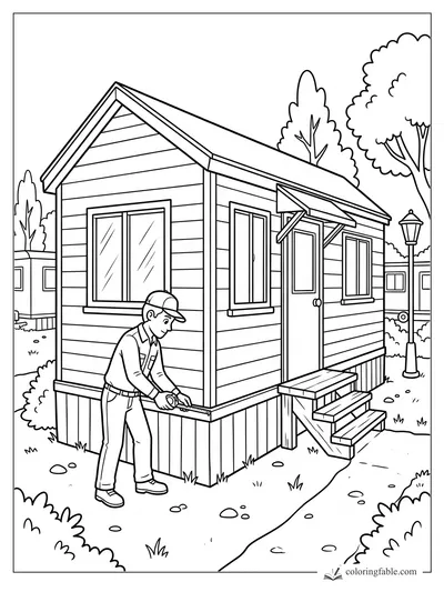 Boy in a cap measures the trim on a small house with steps, striped siding, awning, trees, and a lamp post.