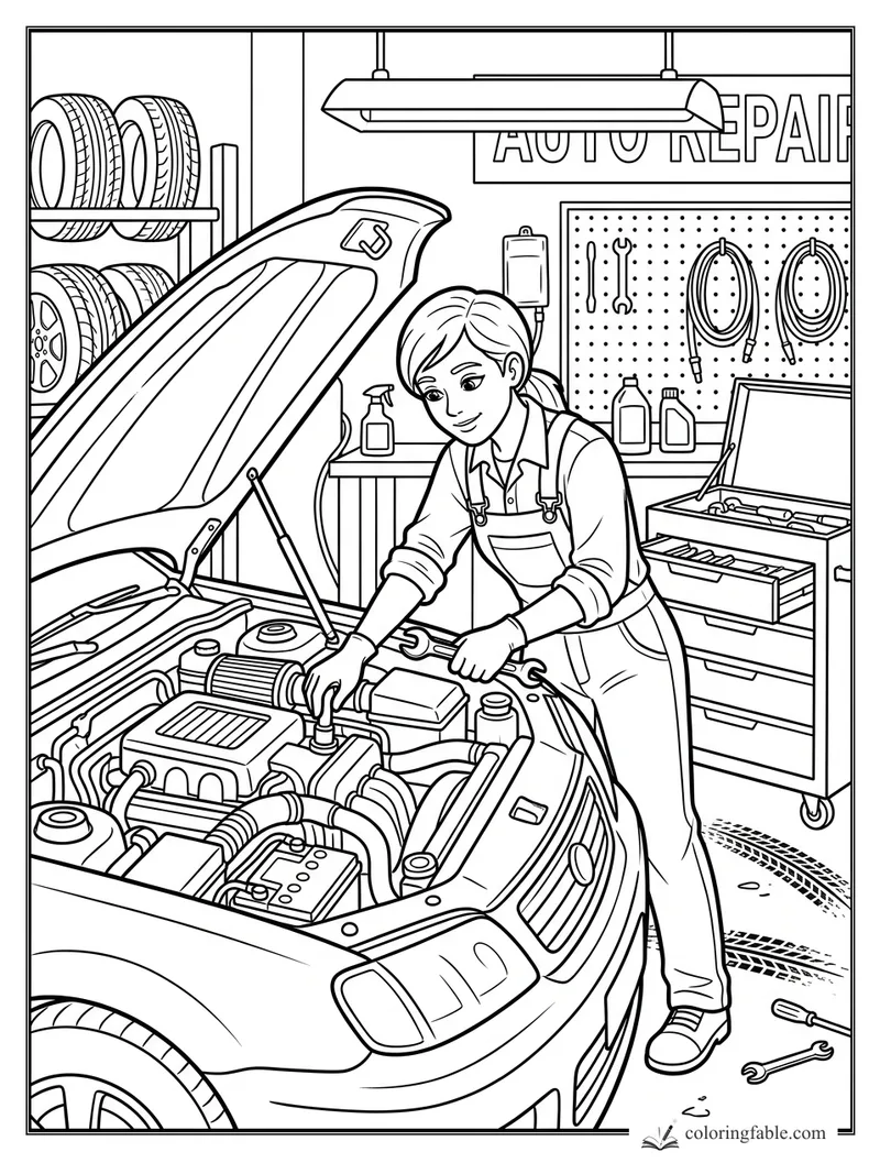 Mechanic works under an open car hood in an auto repair shop with tires, tools, hoses, and a tool chest.