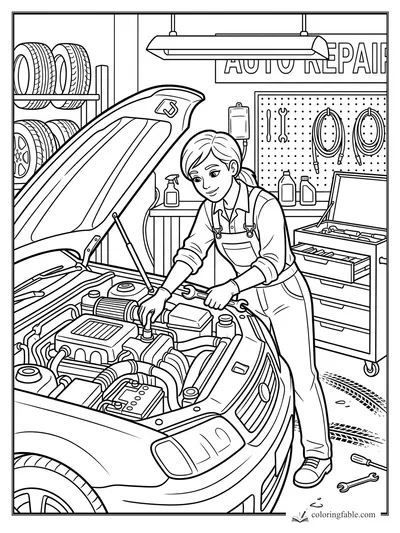 Mechanic works under an open car hood in an auto repair shop with tires, tools, hoses, and a tool chest.