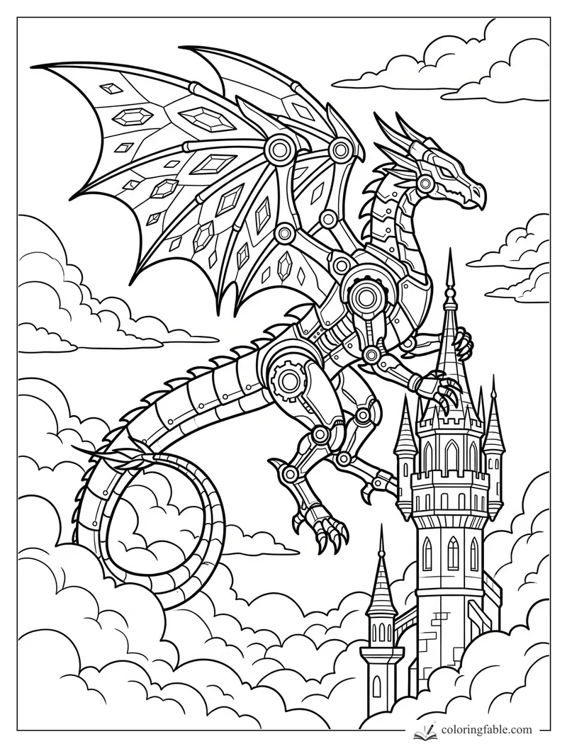 Manga mechanical dragon with jeweled wings flying beside a tall cloud castle