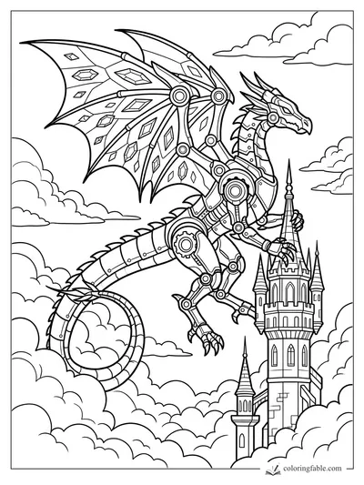 Manga mechanical dragon with jeweled wings flying beside a tall cloud castle