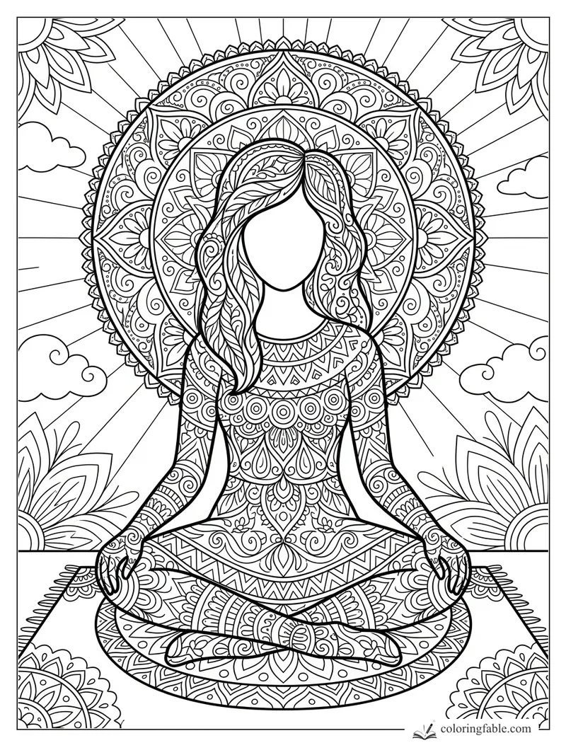 Intricate mandala coloring page of a meditating girl with flowing hair, sun rays, clouds, and floral corners