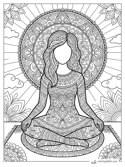 Intricate mandala coloring page of a meditating girl with flowing hair, sun rays, clouds, and floral corners