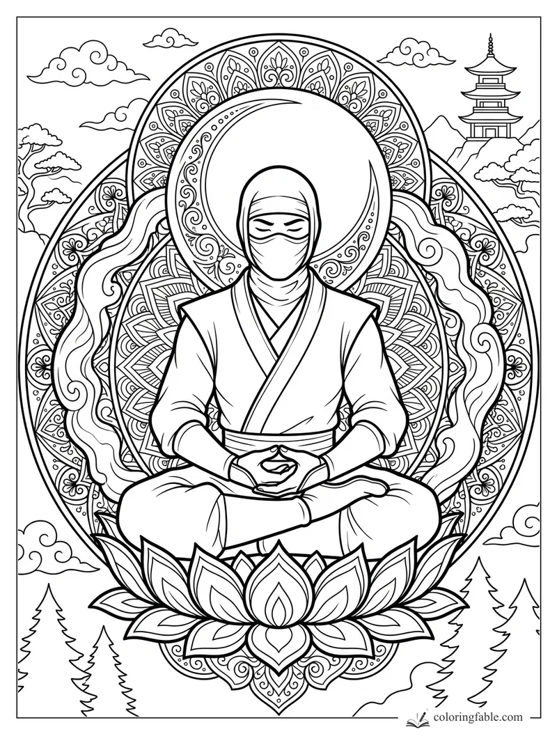Masked ninja meditating on a lotus with ornate mandala, clouds, pine trees, mountains, and pagoda