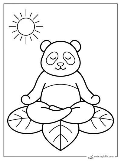 Minimalist coloring page of a calm panda sitting cross-legged on leaves under a sun