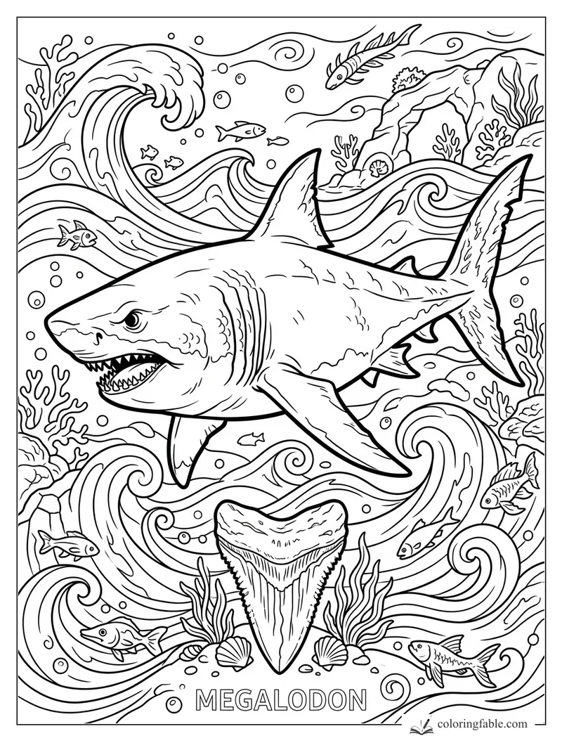 Megalodon shark coloring page with huge teeth, reef waves, fish, coral, shells, and a giant fossil tooth.