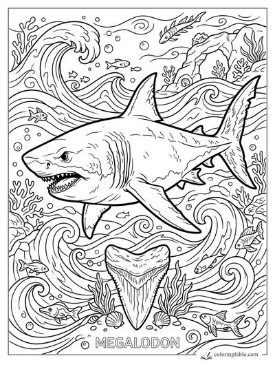 Megalodon shark coloring page with huge teeth, reef waves, fish, coral, shells, and a giant fossil tooth.