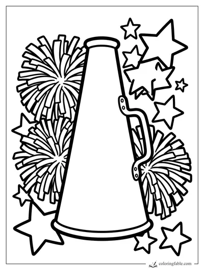 Easy cheerleading coloring page with a tall megaphone, pom-poms, and outlined stars.