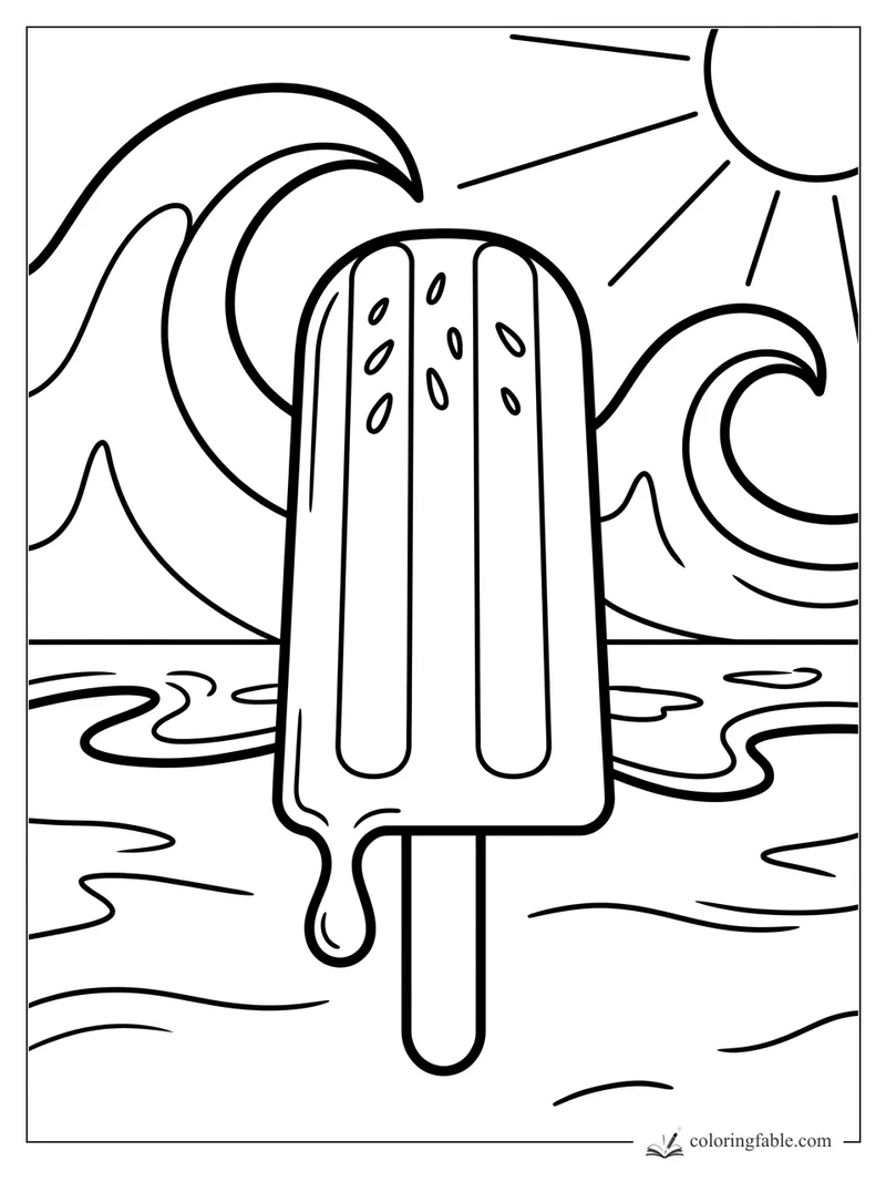 Easy strawberry popsicle coloring page with seeds, melting drip, ocean waves, and bright sun