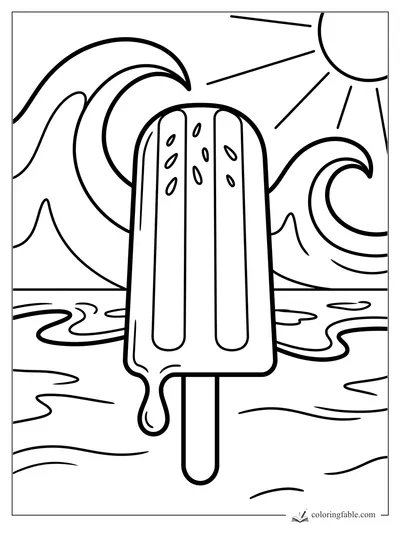 Easy strawberry popsicle coloring page with seeds, melting drip, ocean waves, and bright sun