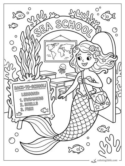 Cartoon mermaid with shell bag entering Sea School classroom with lesson board, fish, coral, and map
