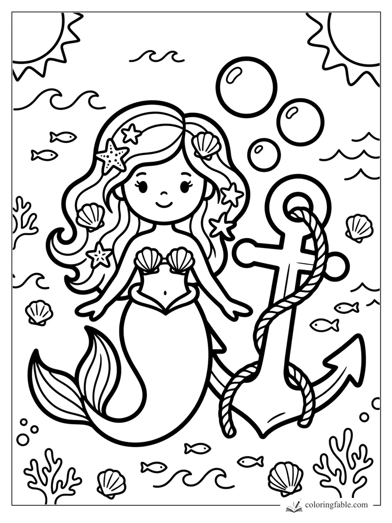 Smiling mermaid with seashells, starfish hair clips, bubbles, fish, coral, waves, and a roped anchor.
