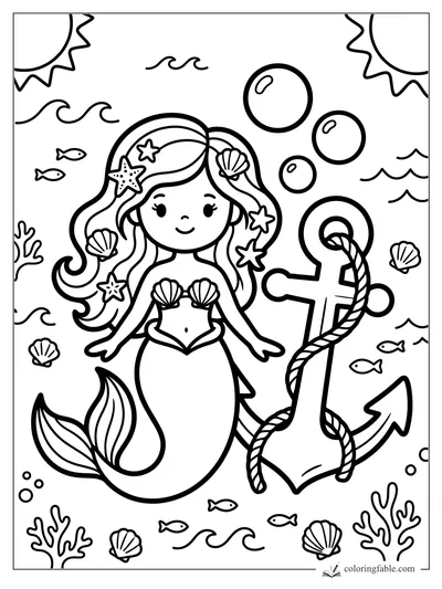 Smiling mermaid with seashells, starfish hair clips, bubbles, fish, coral, waves, and a roped anchor.