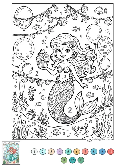 Mermaid Birthday Cupcake Under the Sea — color by number