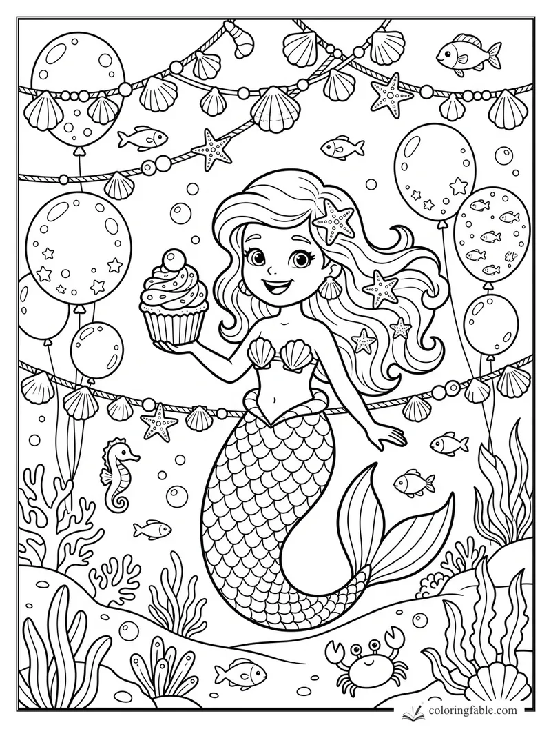 Smiling mermaid holding a cupcake among seashell garlands, fish, balloons, coral, and bubbles.
